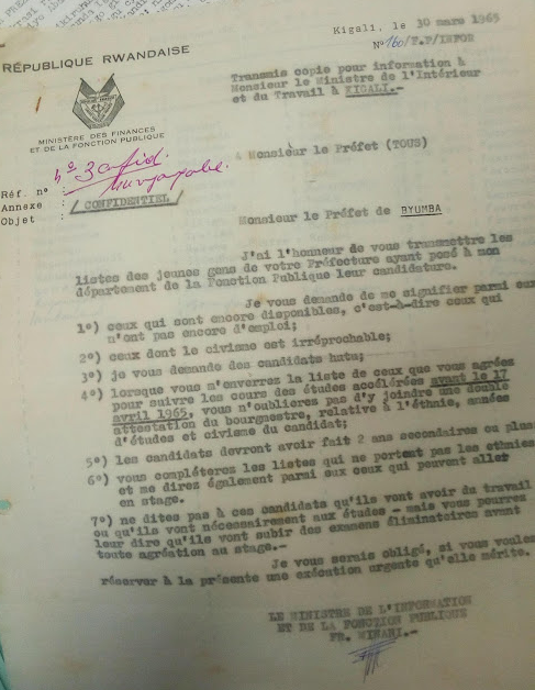 Froduald  Minani, ministre de l'Information et de la Fonction publique, Lettre à tous les préfets, 30 mars 1965